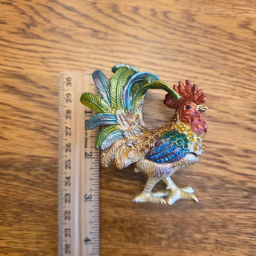 Multicolor Enamel Rooster Trinket Box Rhinestone Bejeweled Hinged Figurine 3in